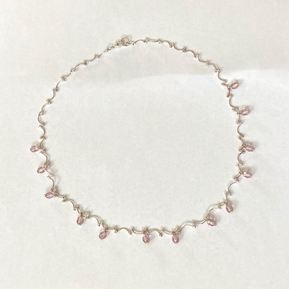 Pink Beaded Silver Necklace
